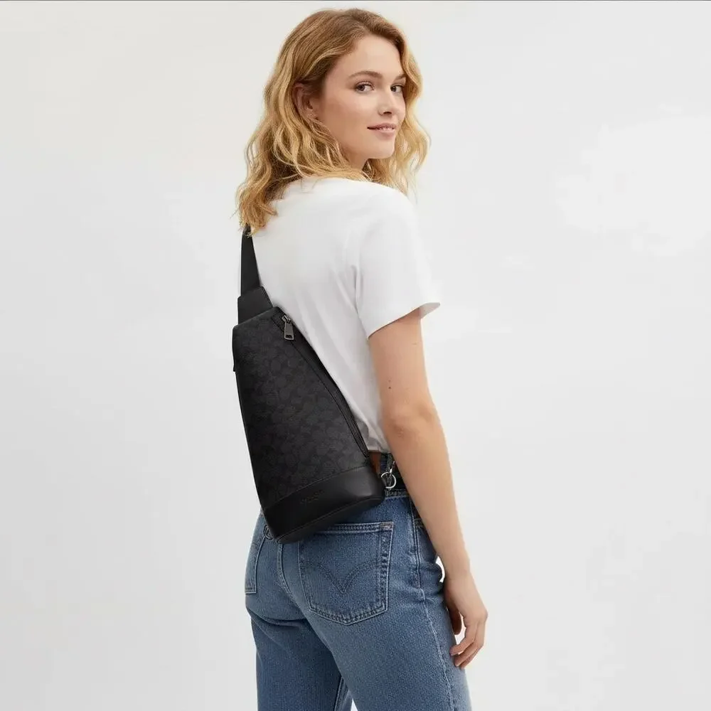 NWT Coach CY801 Dominic Sling Pack Signature Canvas Charcoal Black Gunmetal